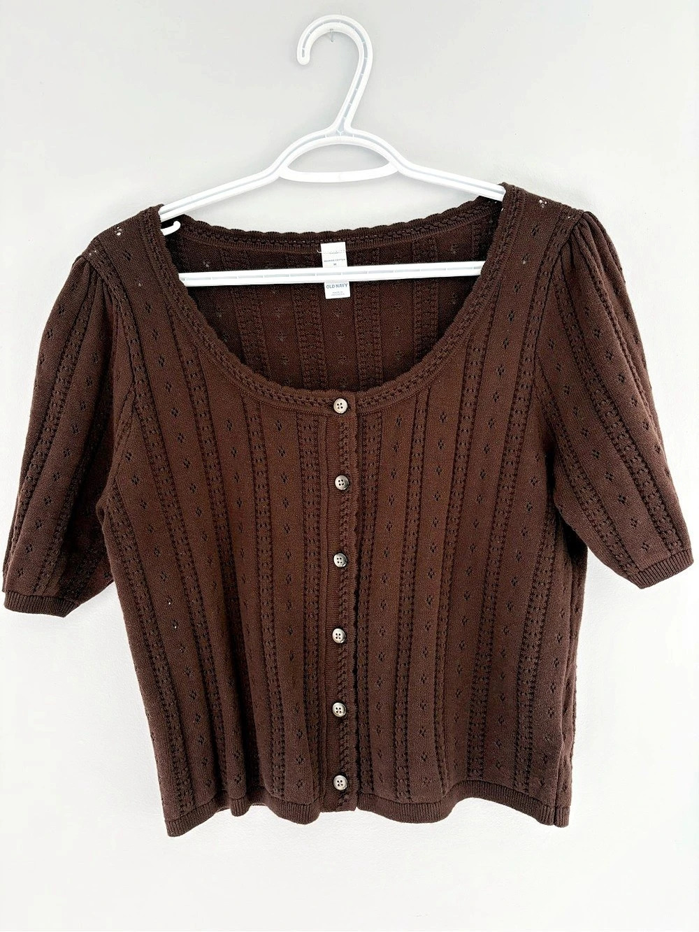 Old Navy Seaside Cotton Short-Sleeve Button-Down Sweater Brown Medium